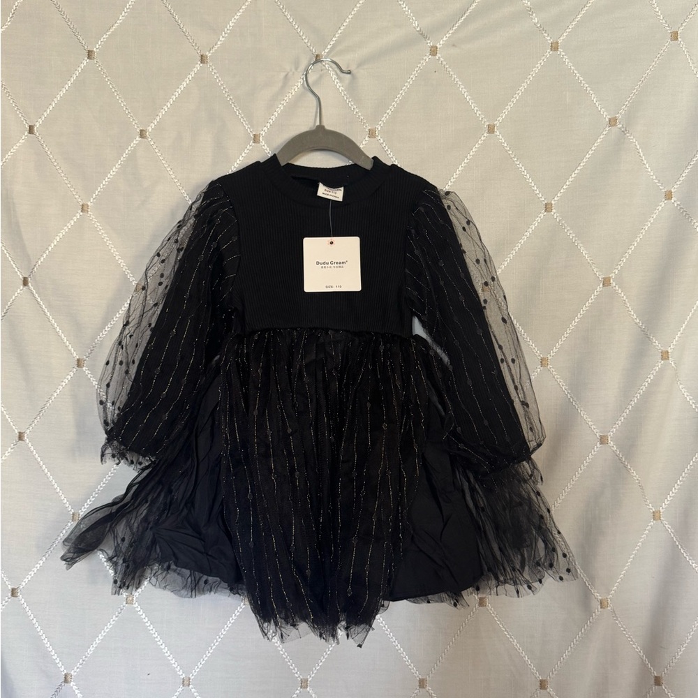 Dudu cream Black Tulle Sparkle Dress with Sheer Polka Dot Sleeves